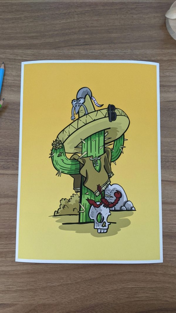 Cactus. This print is a catcus wearing a sombrero and a poncho! Its a vibrant green and contrasting yellow. Print on desktop.