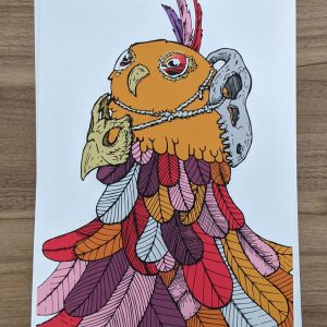 Owl Feathers. An owl has a bird mask and a dinosaur skull strapped to it, with a huge assortment of feathers flowing underside. Autumn colours of reds, oranges, purples and maroons.