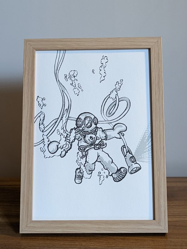 Alone Underwater. The black and white version shows the linework and detail. Dots are used for shading and the lanterns light.