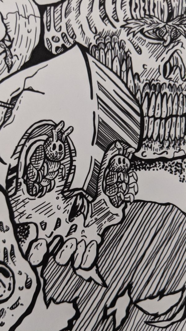 Zoom of Skulls and Bugs. Helment skull with bugs for eyes.