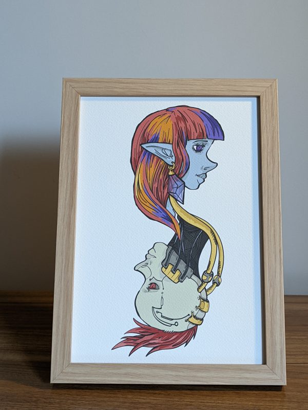 Elf girl and Android girl side profile portraits. Entwined and flowing together. Framed sitting on a table top. Elf is blue with large ears, multi-coloured hair. Android is beige with golden plates and parts connected. She has a red mohawk!