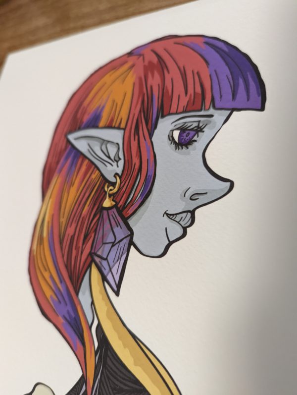 Zoom of Twins. Elf girl and Android girl side profile portraits. Entwined and flowing together. Framed sitting on a table top. Elf is blue with large ears, multi-coloured hair. Her earrings have a huge purple gemstone.